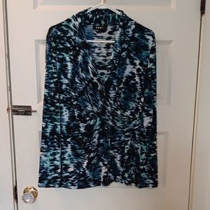 DKNY Blue, Lt Teal, and Black Abstract Faux Wrap Top